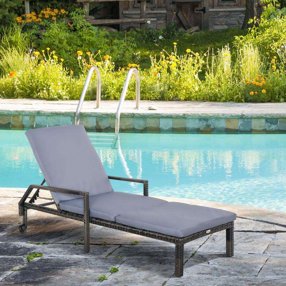 Mixed Grey Rattan Sun Lounger Garden Furniture w/ Adjustable Backrest & Wheels Outsunny