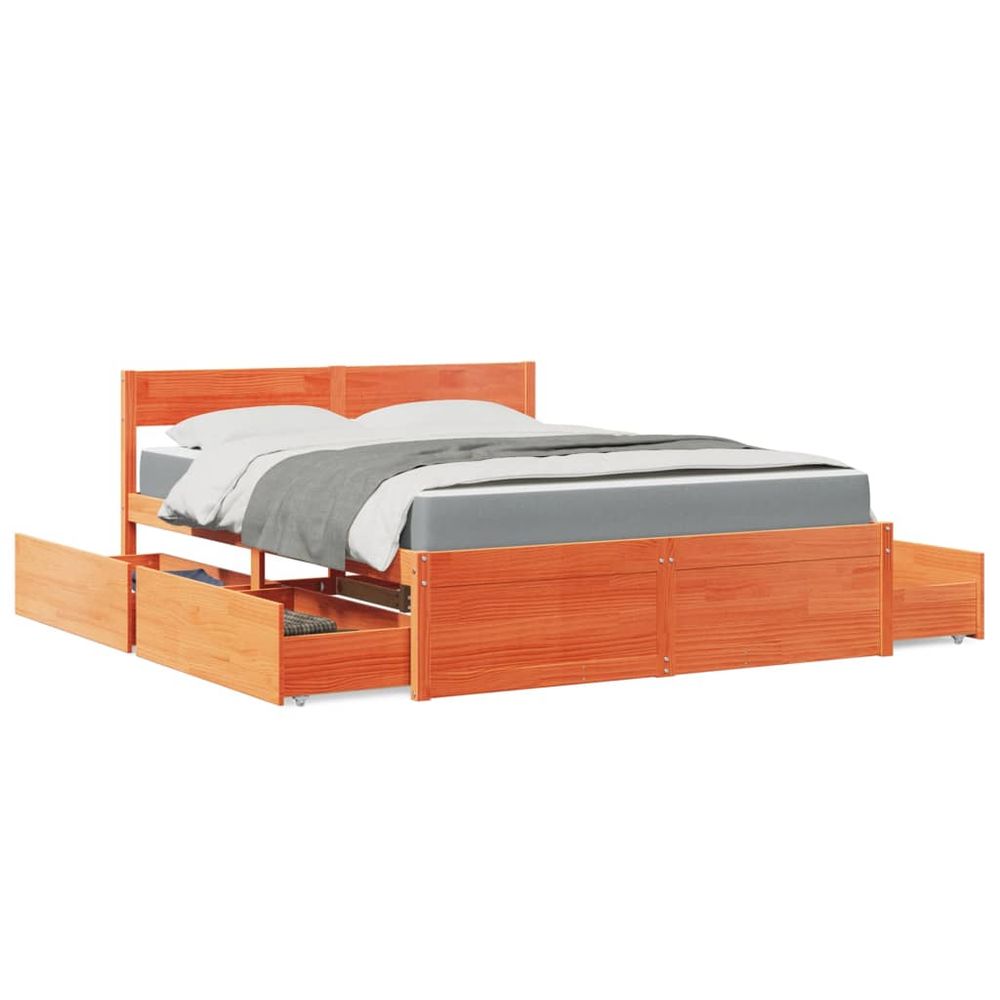 vidaXL Bed with Drawers and Mattress Wax Brown 160x200 cm Solid Wood Pine vidaXL