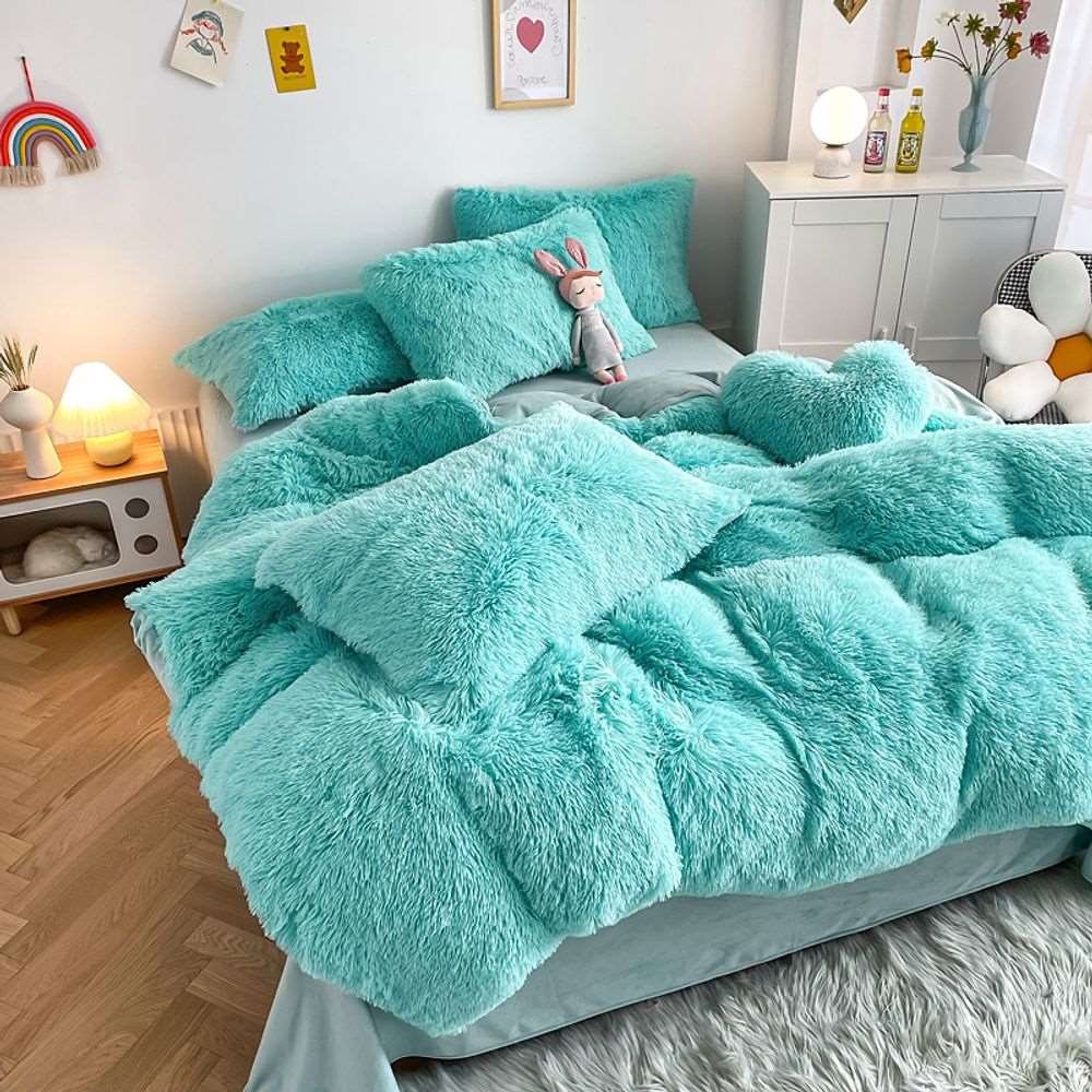 3Pcs Fluffy Black Plush Shaggy Duvet Cover +2Pcs Pillowcases Zipper Bedding set Soft Velvet N/A