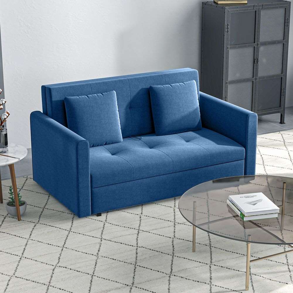 HOMCOM 2 Seater Sofa Bed Convertible Bed Settee w/ 2 Cushions Storage Blue HOMCOM