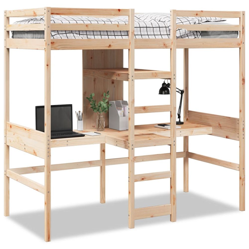 vidaXL Loft Bed Frame with Desk and Shelves 90x200cm Solid Wood Pine vidaXL