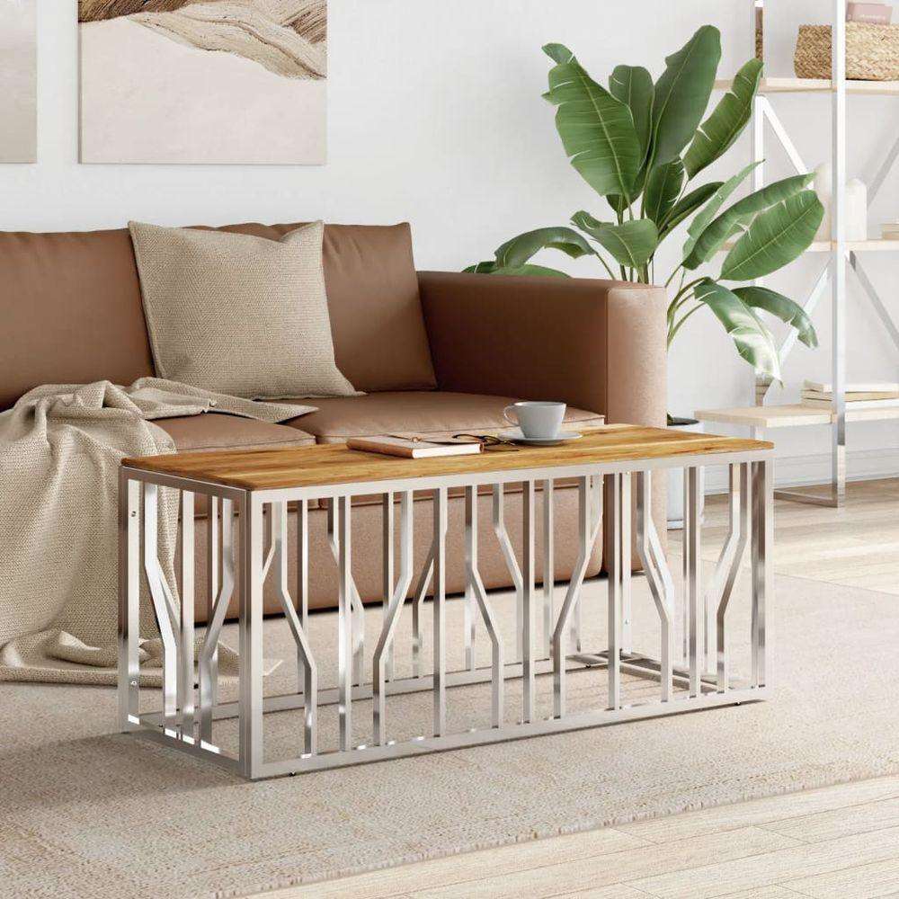 vidaXL Coffee Table 110x45x45 cm Stainless Steel and Glass silver and light brown wood vidaXL