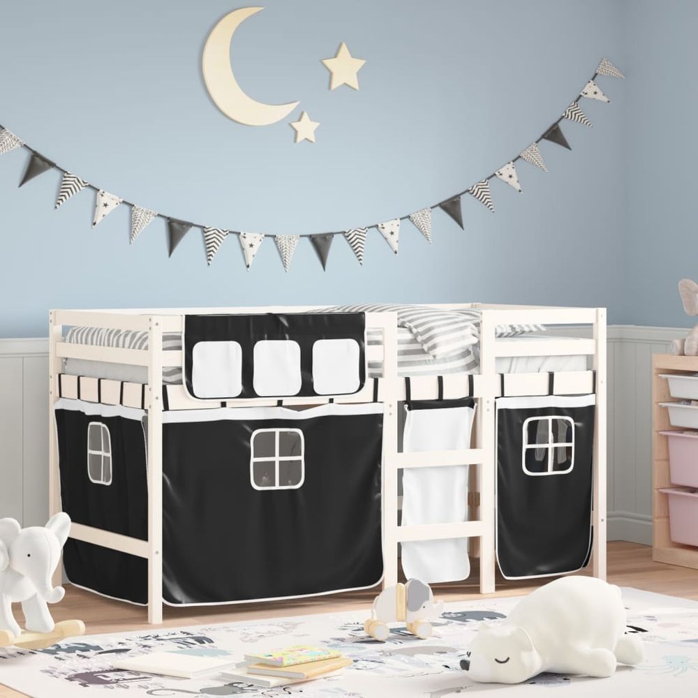 vidaXL Kids' Loft Bed with Curtains White&Black 80x200 cm Solid Wood Pine white and black vidaXL