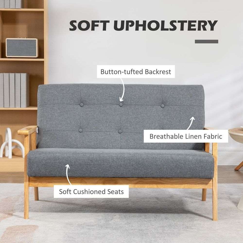 HOMCOM Modern 2-Seater Sofa Upholstery Couch with Rubber Wood Legs Dark Grey HOMCOM