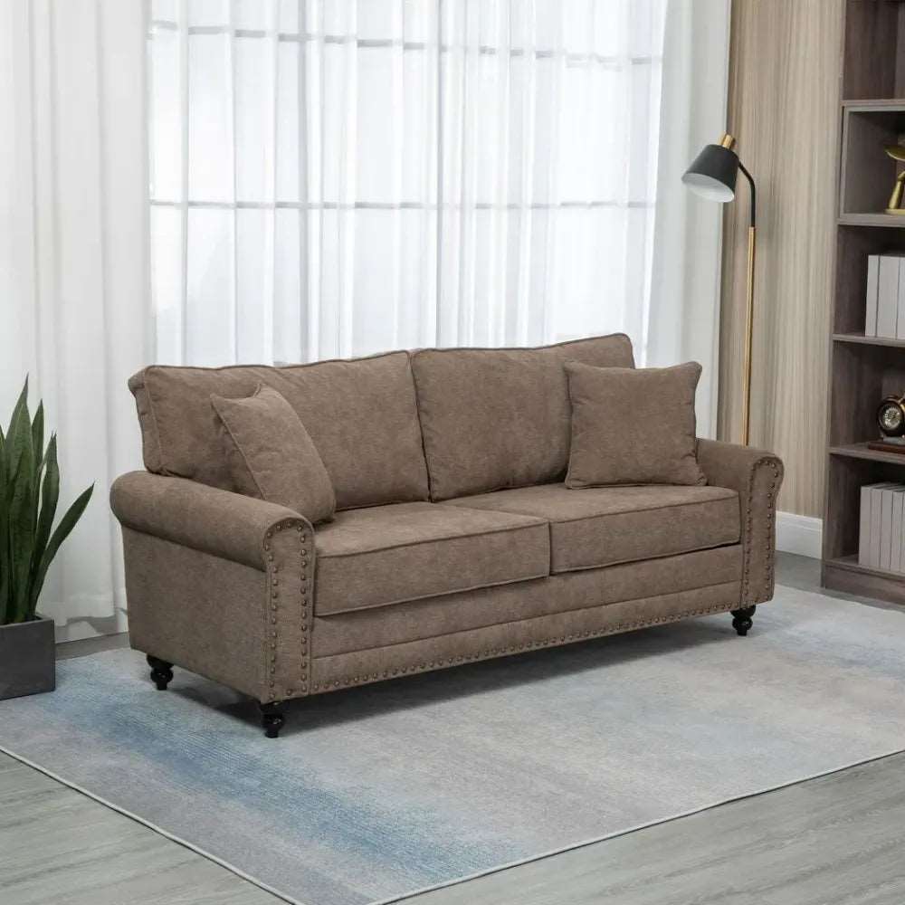 2 Seater Sofas Fabric Sofa with Nailhead Trim Cushions and Throw Pillows Brown Unbranded