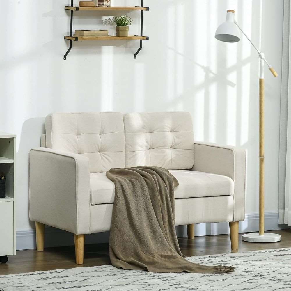 HOMCOM Compact Loveseat Sofa 2 Seater Sofa with Storage and Wood Legs Cream HOMCOM