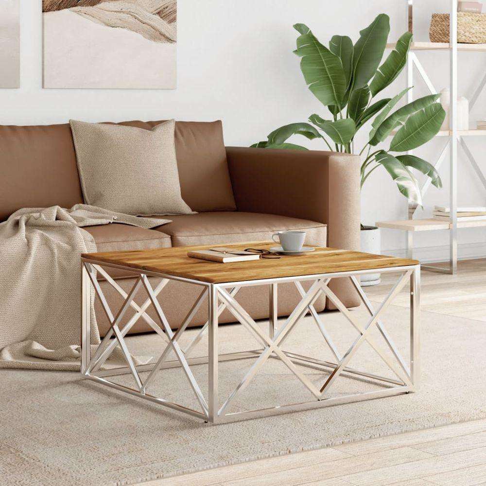 vidaXL Coffee Table 80x80x40 cm Stainless Steel and Glass silver and light brown wood vidaXL