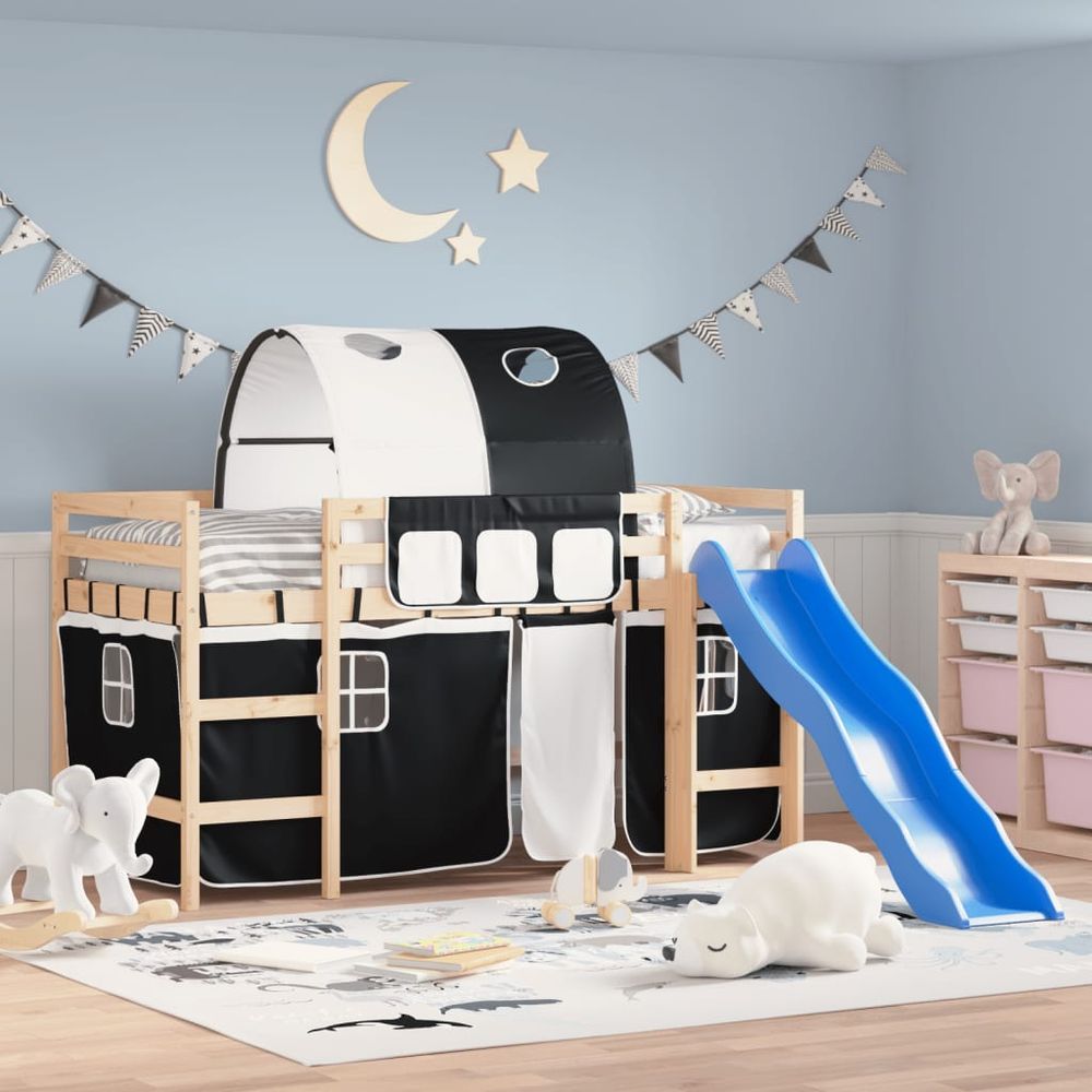 vidaXL Kids' Loft Bed with Tunnel White&Black 80x200cm Solid Wood Pine natural and black vidaXL