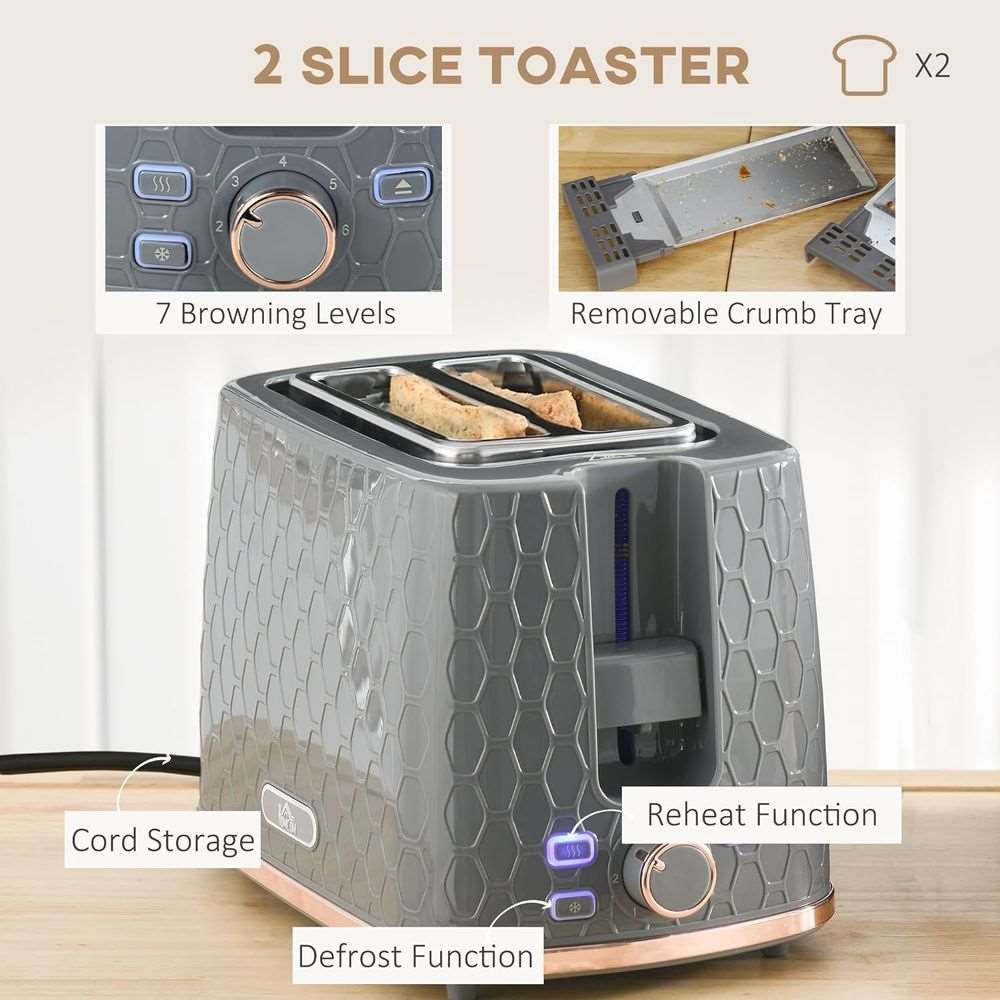 HOMCOM Kettle and Toaster Set 1.7L Fast Boil Kettle & 2 Slice Toaster Set Grey HOMCOM