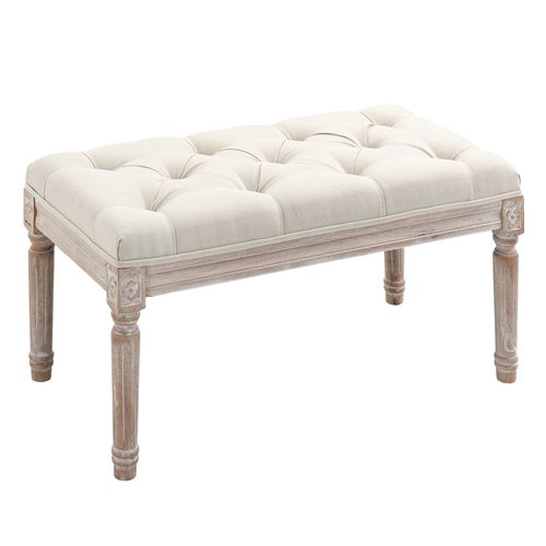 Accent Bench Tufted Upholstered Foot Stool Linen-Touch Fabric Ottoman Beige Unbranded