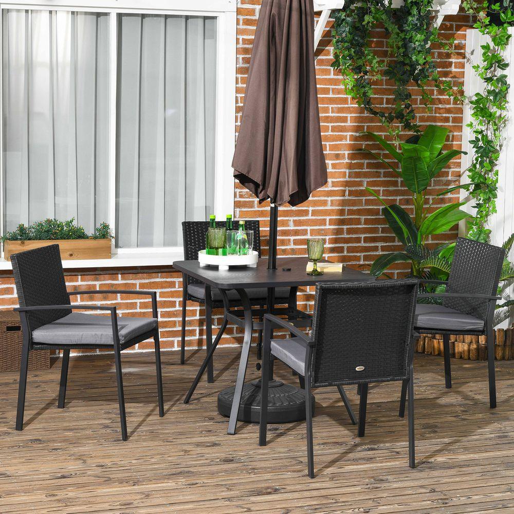 Outsunny 4 Seater Rattan Garden Dining Set Outdoor with Umbrella Hole - Black Outsunny