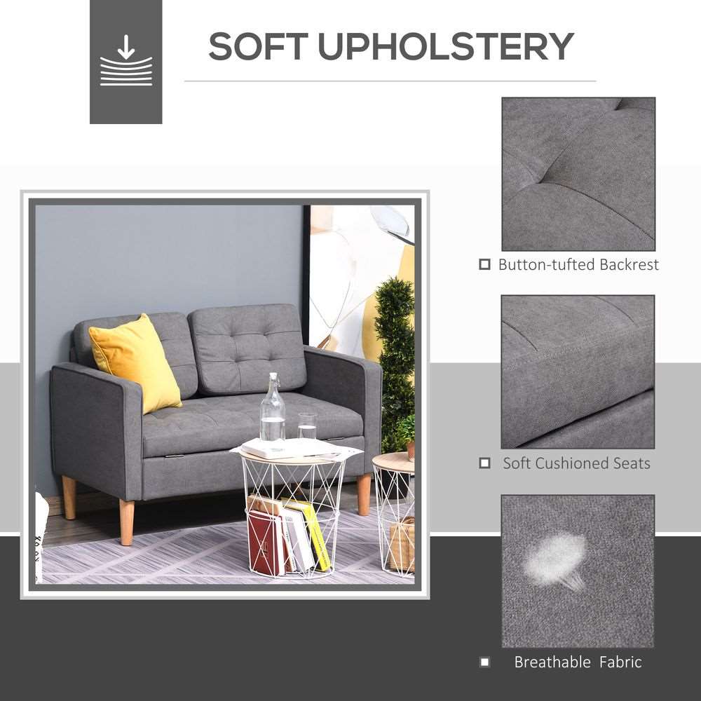 HOMCOM Compact Loveseat Sofa 2 Seater Sofa with Storage and Wood Legs Grey HOMCOM