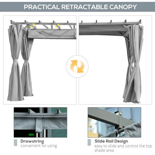 3.6 x 3m Pergola Gazebo Retractable Canopy Curtains, Aluminum, Dark Grey Outsunny