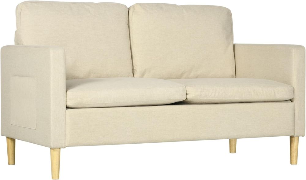 HOMCOM 2 Seater Sofa Modern Fabric Couch with Wood Legs and 2 Pockets Beige HOMCOM