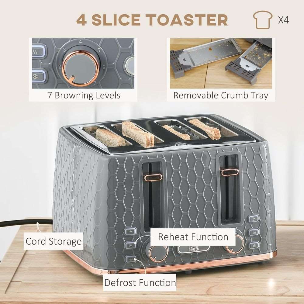 HOMCOM 1.7L Kettle and Toaster Set with Defrost, Reheat and Crumb Tray, Grey HOMCOM