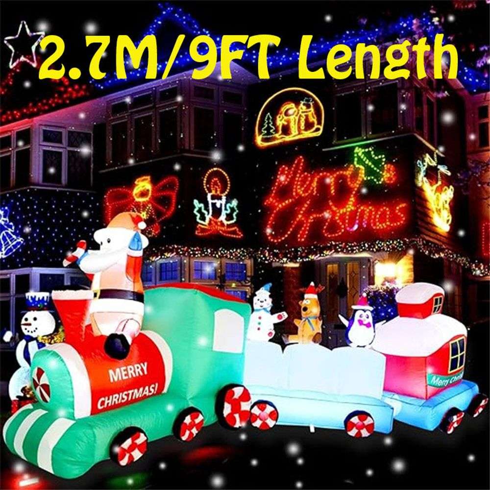 2.7m/9FT Length Christmas Decoration Inflatable Train Built-in LED Lights Indoor Outdoor Inflatable Ornament Party Garden Decor Santa Train N/A