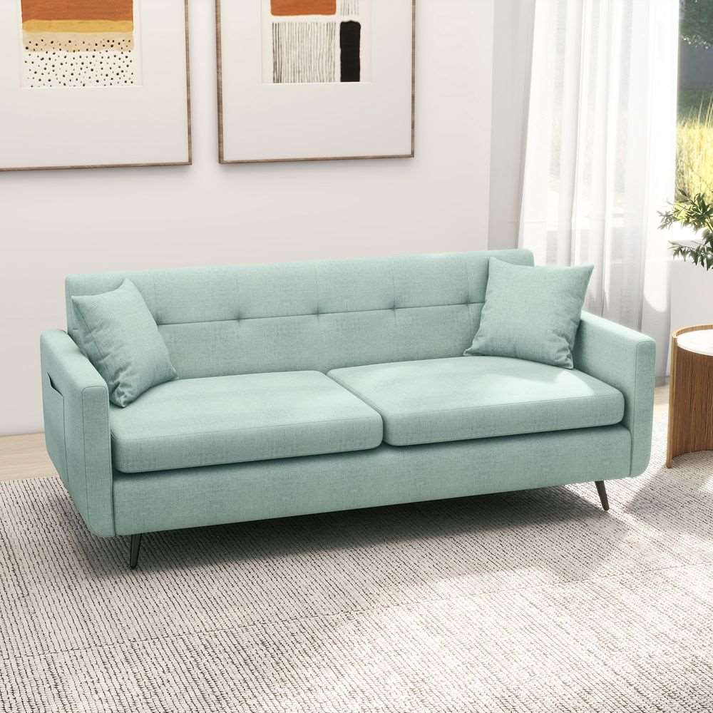 HOMCOM 2 Seater Sofa 165cm Modern Fabric Couch with Wood Legs and Pockets Blue HOMCOM