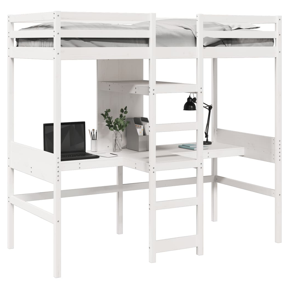 vidaXL Loft Bed Frame with Desk and Shelves White 90x200cm Solid Wood Pine vidaXL