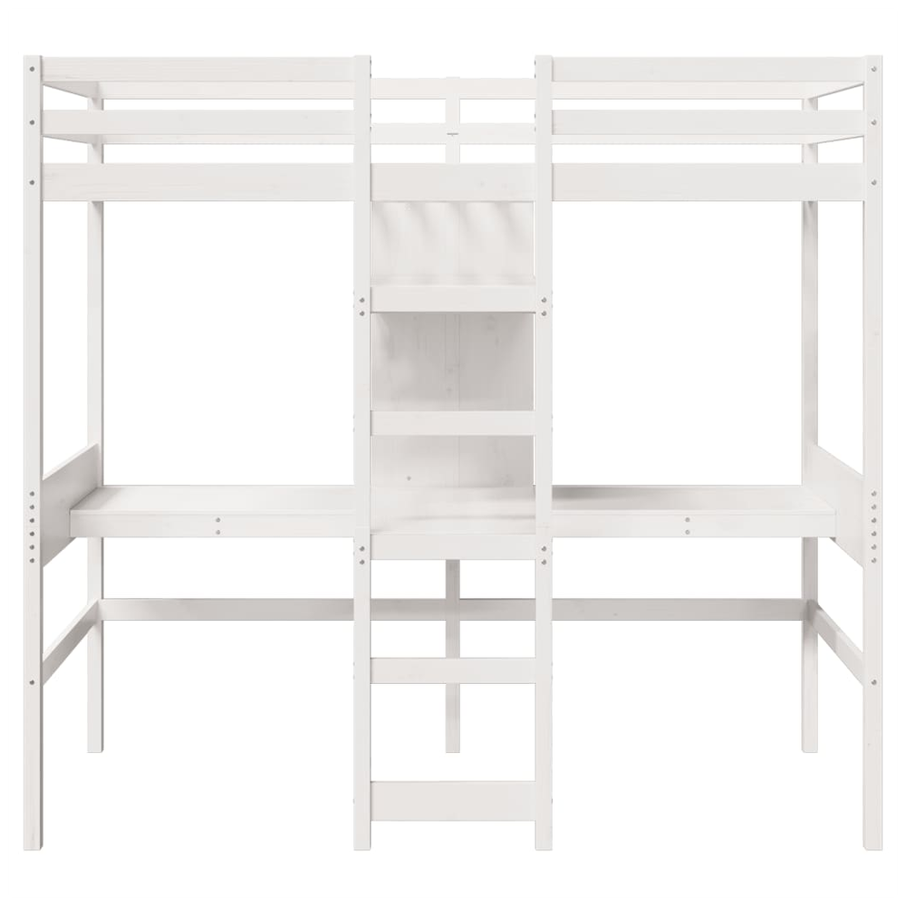 vidaXL Loft Bed Frame with Desk and Shelves White 90x200cm Solid Wood Pine vidaXL