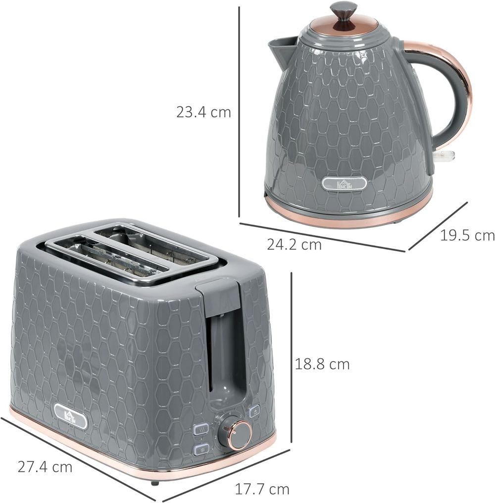 HOMCOM Kettle and Toaster Set 1.7L Fast Boil Kettle & 2 Slice Toaster Set Grey HOMCOM