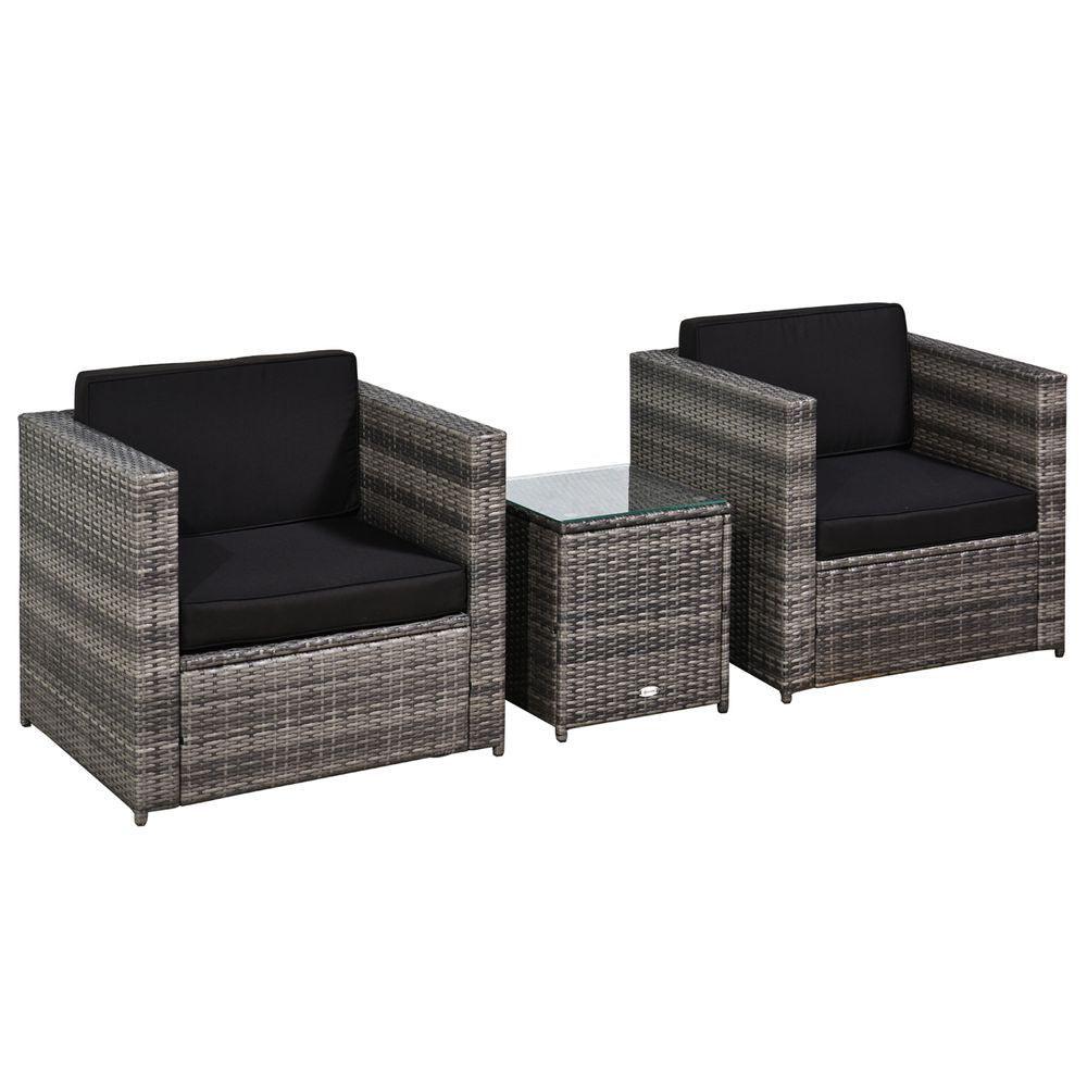 Outsunny 2 Seater Rattan Sofa Furniture Set W/Cushions, Steel Frame-Grey Outsunny