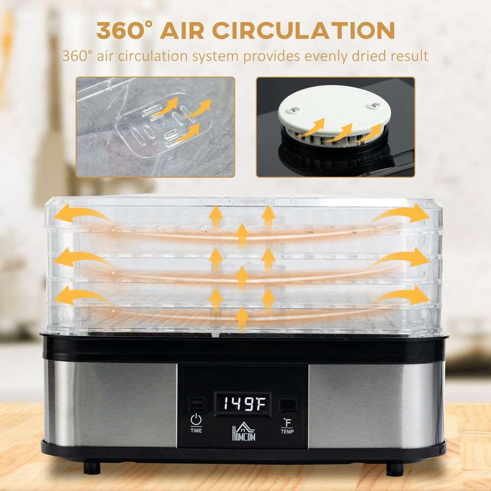 5 Tier Food Dehydrator 245W Stainless Steel Food Dryer Machine Timer LCD Silver HOMCOM