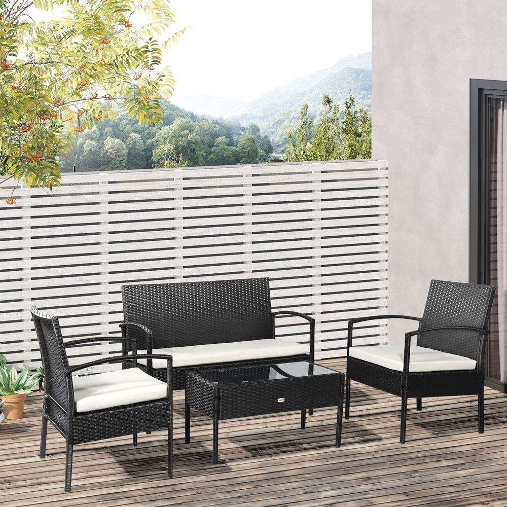 4-Seater Rattan Garden Furniture Set Black Cream Outdoor Patio Bistro Outsunny