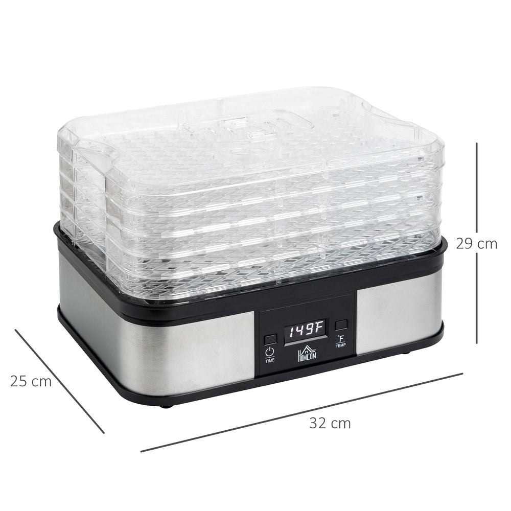 5 Tier Food Dehydrator 245W Stainless Steel Food Dryer Machine Timer LCD Silver HOMCOM