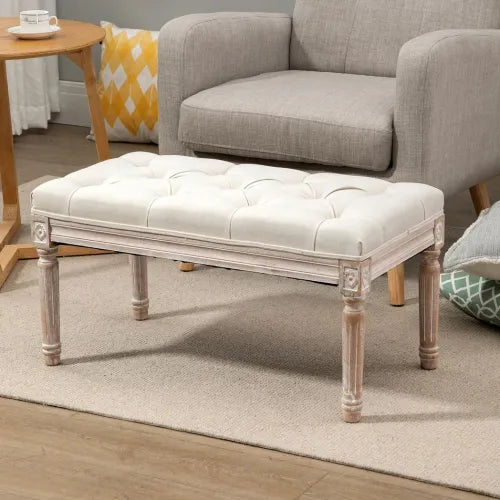 Accent Bench Tufted Upholstered Foot Stool Linen-Touch Fabric Ottoman Beige Unbranded