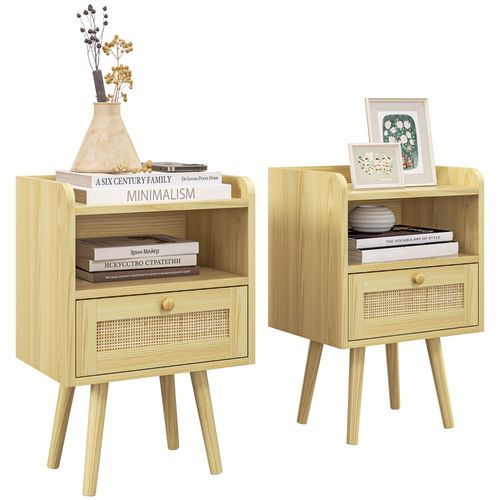 Bedside Tables, Set of 2, Boho Side End Table w/ Drawer, Storage Compartment HOMCOM