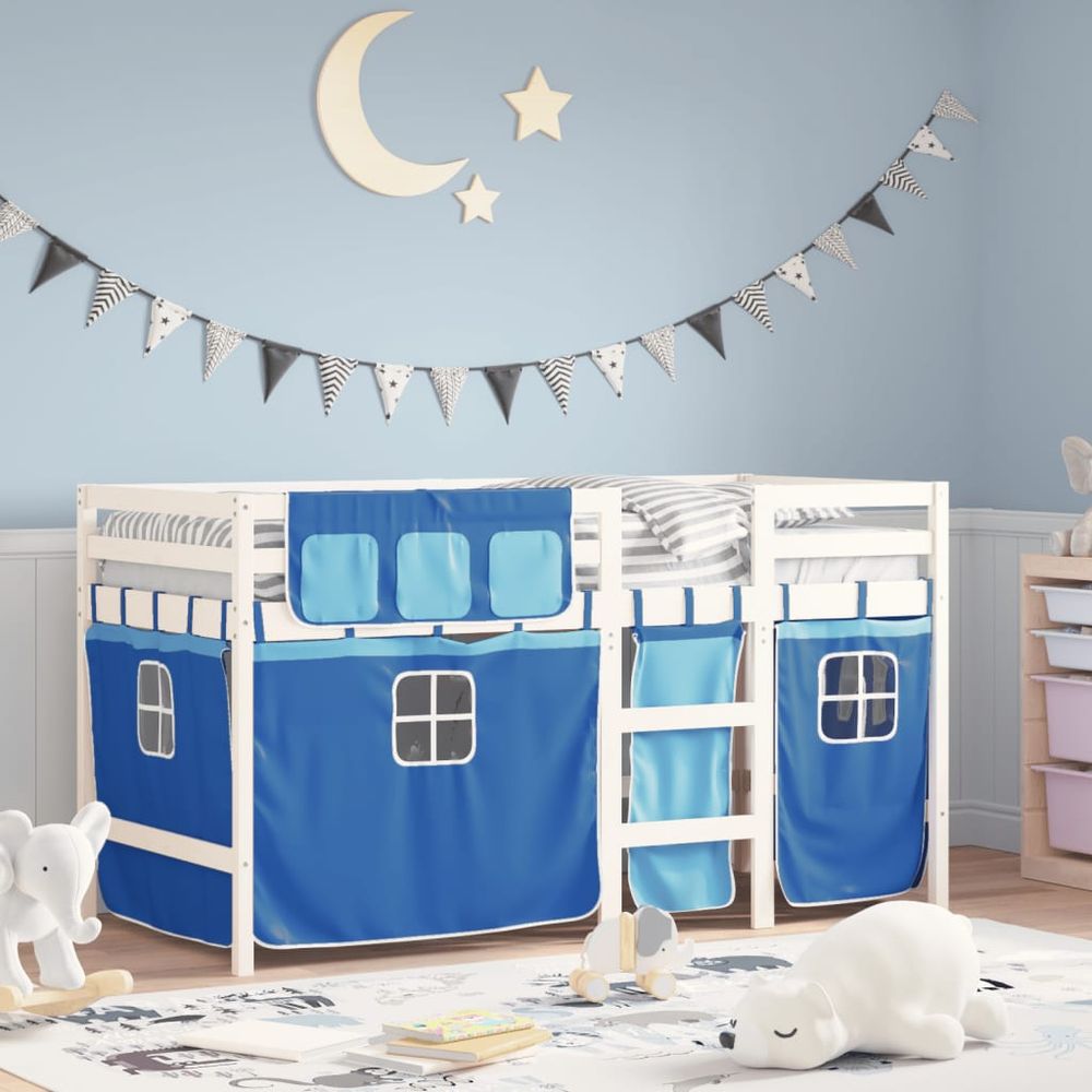 vidaXL Kids' Loft Bed with Curtains White&Black 80x200 cm Solid Wood Pine white and blue vidaXL