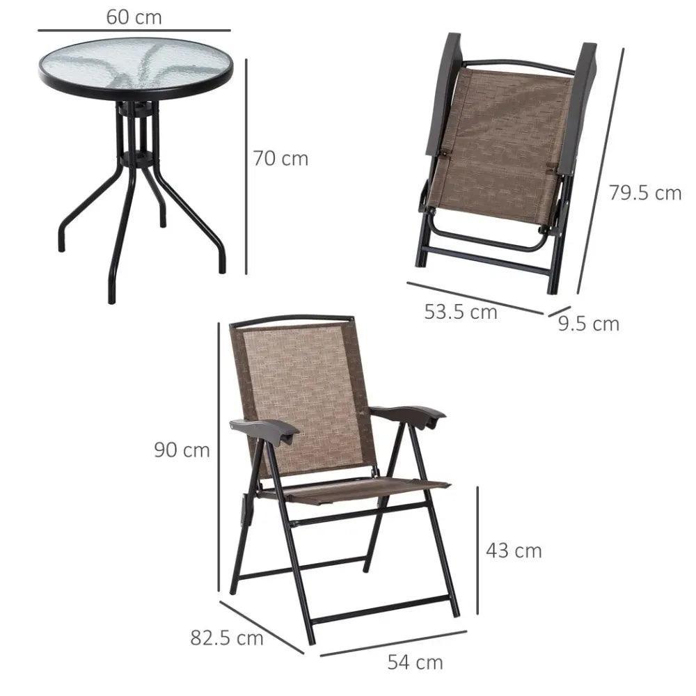 3 PCS Patio Furniture Bistro Set with Folding Chairs Tempered Glass Table Brown Unbranded