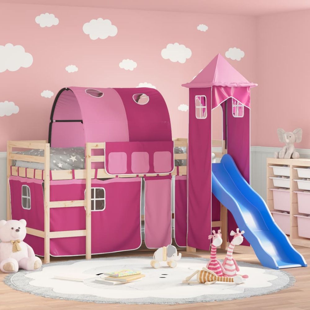 vidaXL Kids' Loft Bed with Tower White&Black 80x200cm Solid Wood Pine natural and pink vidaXL