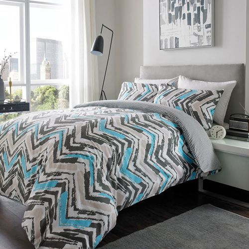 100% Brushed Cotton Duvet Set Chevron KING BLUE BEIGE Unbranded