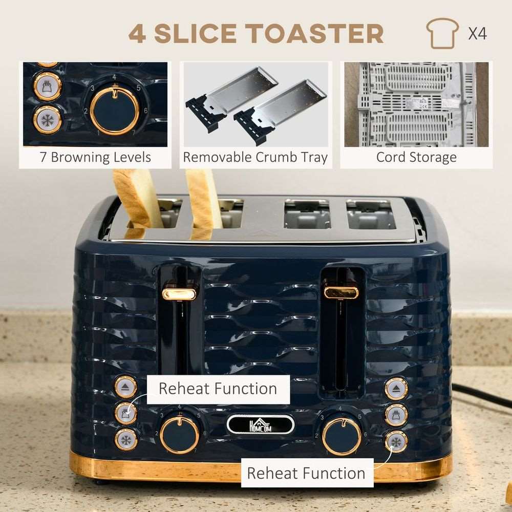 HOMCOM Kettle and Toaster Set 1.7L Rapid Boil Kettle & 4 Slice Toaster Blue HOMCOM