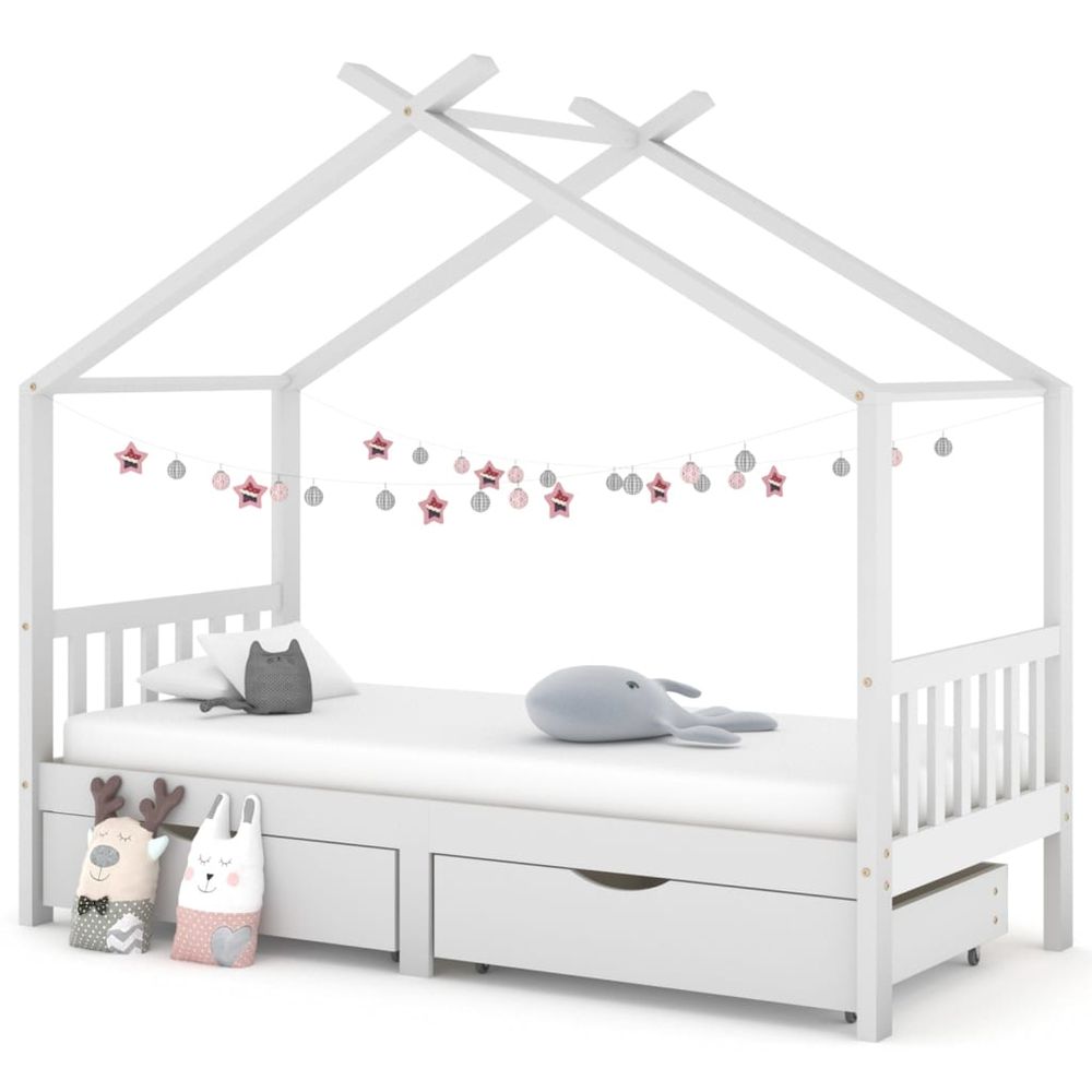 vidaXL Kids Bed Frame with a Drawer Solid Pine Wood 70x140 cm white vidaXL