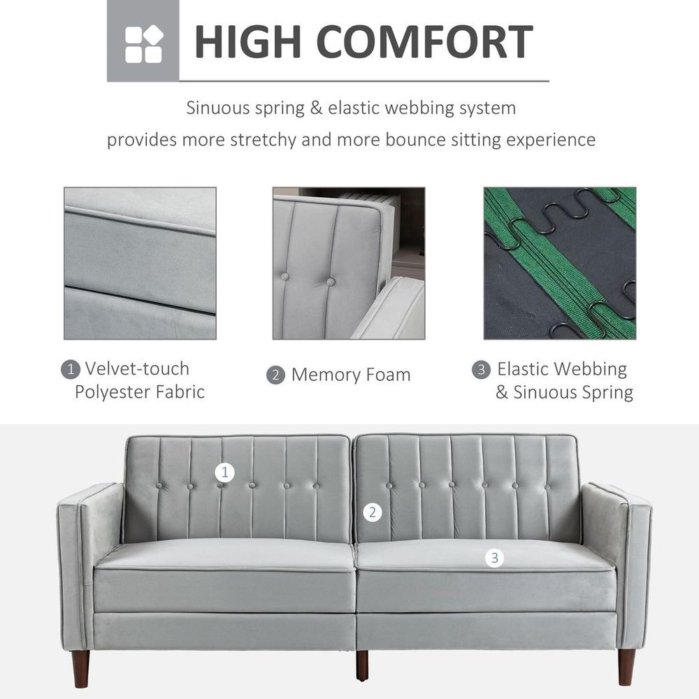 HOMCOM Convertible Sofa Futon Velvet-Touch Tufted Couch Sofa Bed Split Back Grey HOMCOM