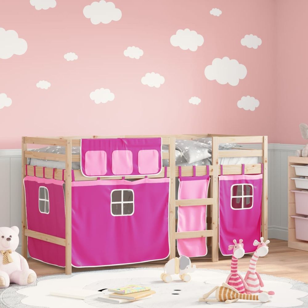 vidaXL Kids' Loft Bed with Curtains White&Black 80x200 cm Solid Wood Pine pink vidaXL