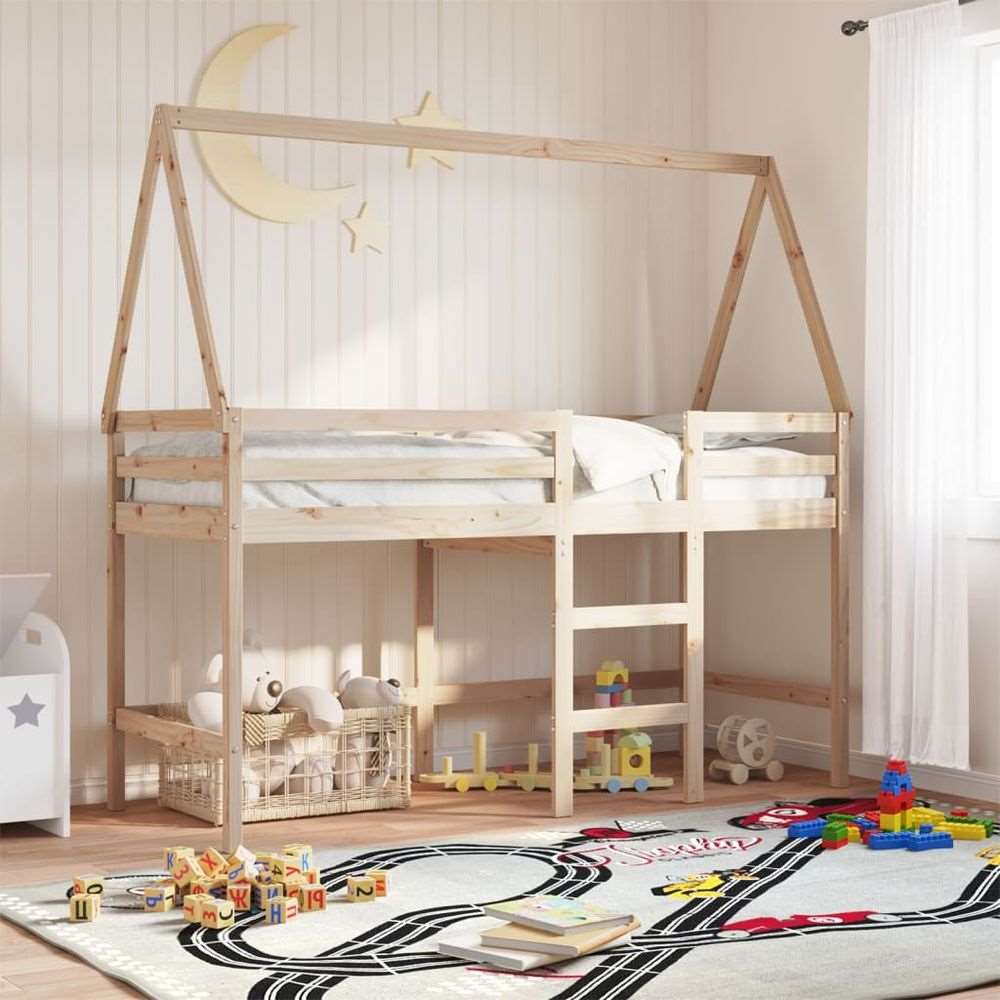 vidaXL Loft Bed with Ladder and Roof 90x200 cm Solid Wood Pine vidaXL