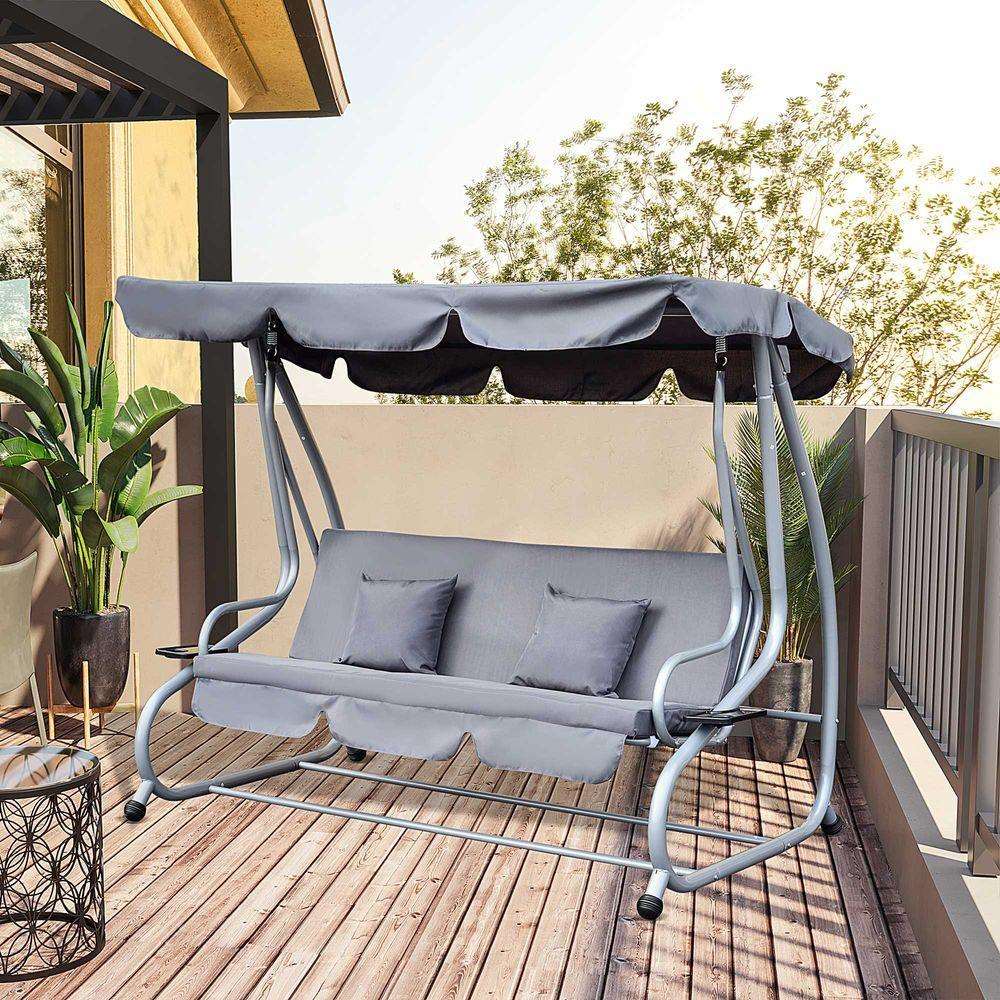 Outsunny 3-Seater Garden Hammock Swing Chair Bench Luxury W/2 Free Pillows-Grey Outsunny