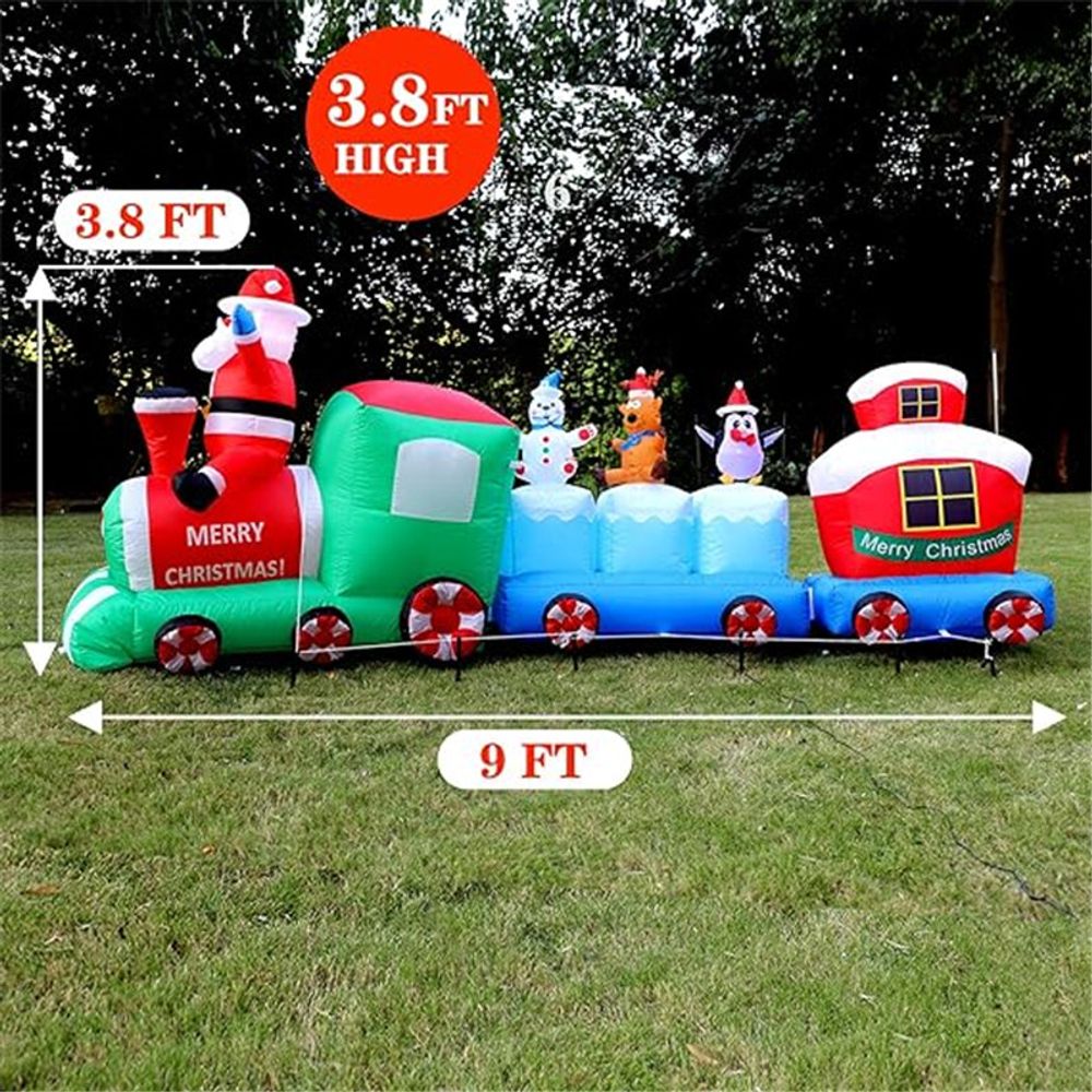 2.7m/9FT Length Christmas Decoration Inflatable Train Built-in LED Lights Indoor Outdoor Inflatable Ornament Party Garden Decor N/A