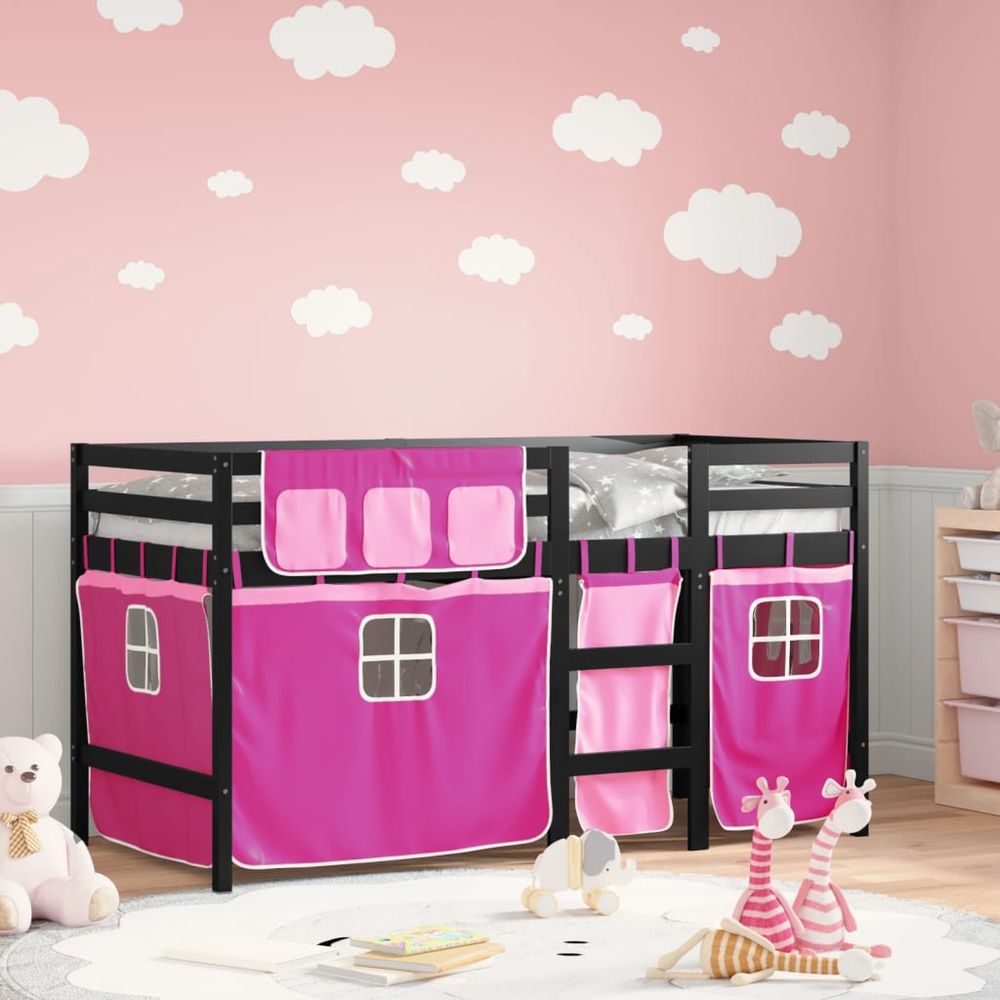 vidaXL Kids' Loft Bed with Curtains White&Black 80x200 cm Solid Wood Pine black and pink vidaXL