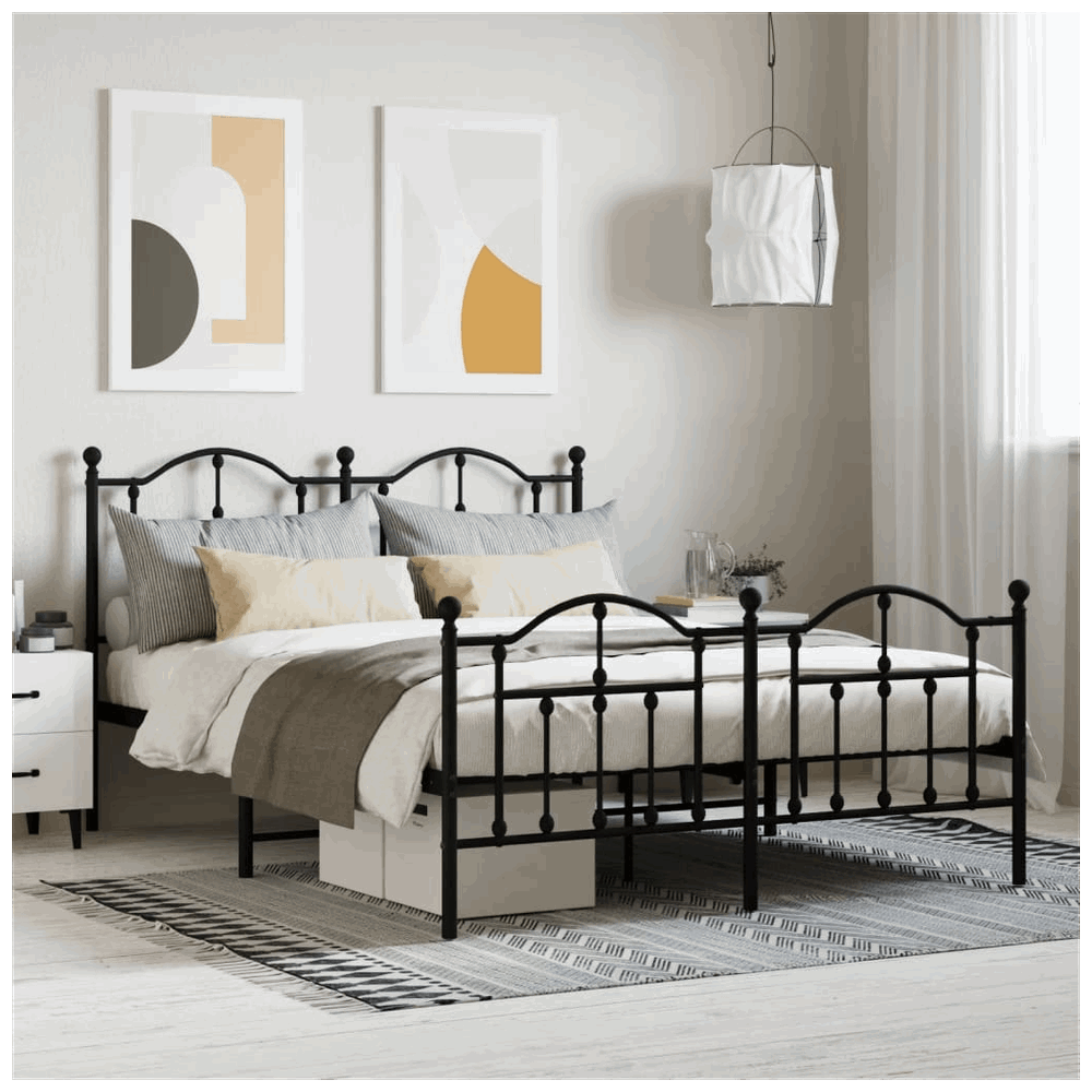 vidaXL Metal Bed Frame with Headboard and Footboard Black 150x200 cm King Size vidaXL