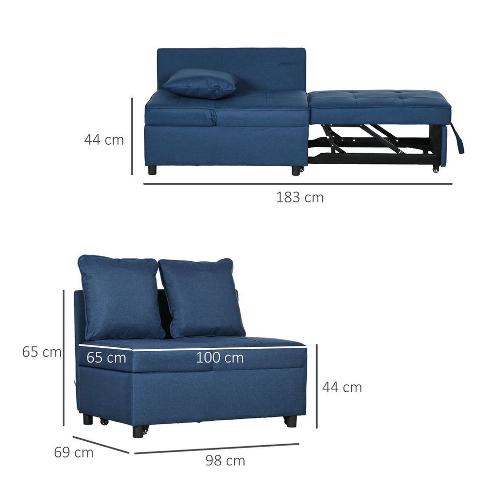 HOMCOM Folding Sleeper Sofa Bed Chair with Pillows, Pocket, Blue HOMCOM