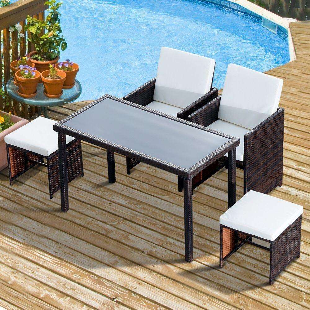 5 PCs Rattan Garden Furniture Wicker Weave Sofa Set Dining Table Chair Footrest Brown Outsunny