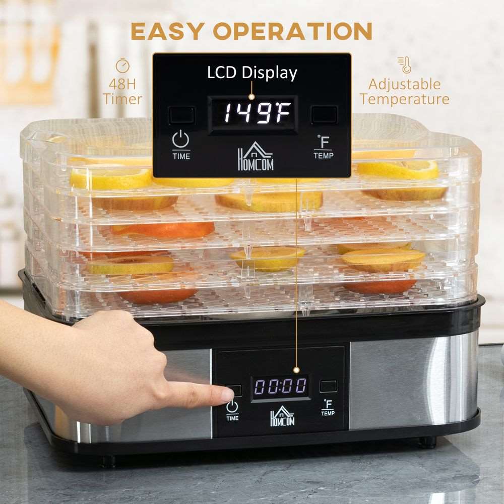 5 Tier Food Dehydrator 245W Stainless Steel Food Dryer Machine Timer LCD Silver HOMCOM