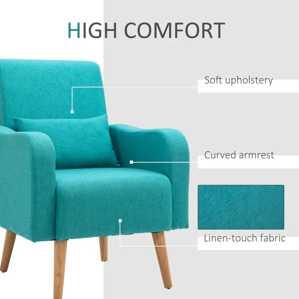 Nordic Armchair Linen-Touch Sofa Chair with Cushioned Pillow & Wood Legs Teal Unbranded