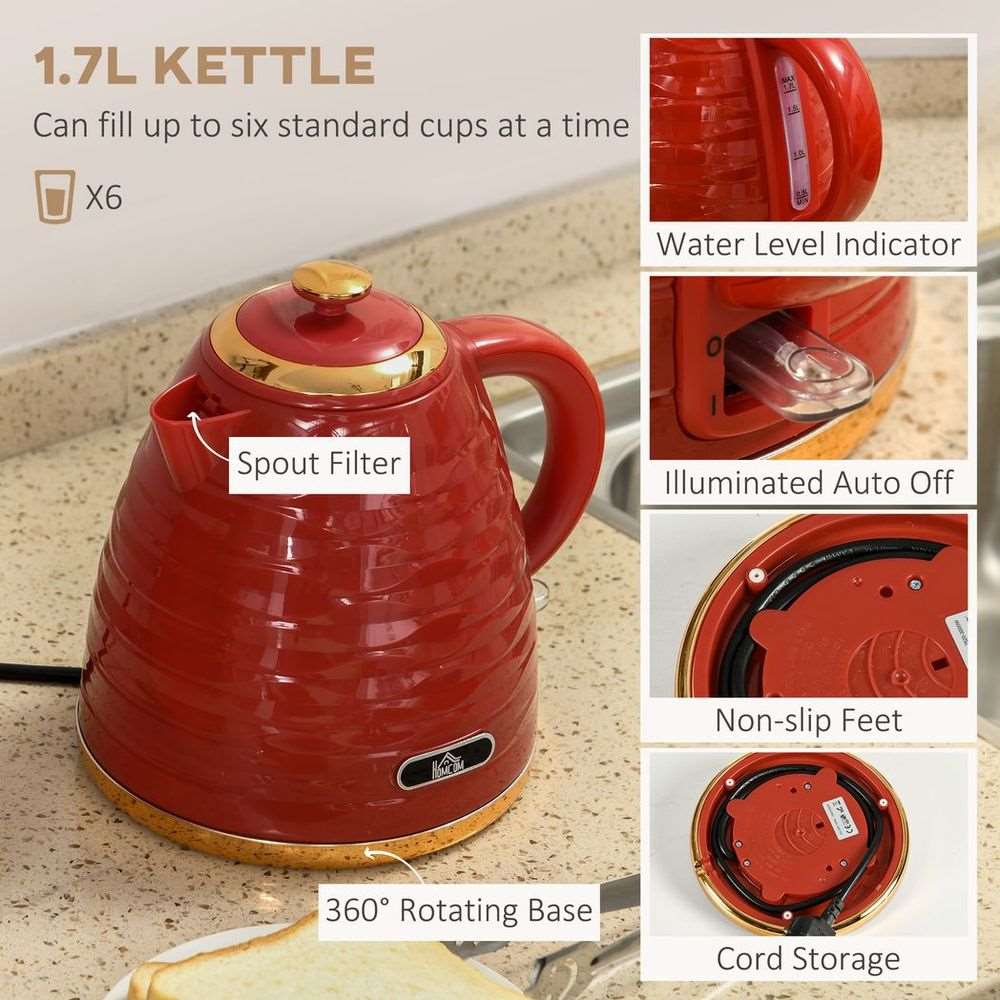 HOMCOM Kettle and Toaster Set 1.7L Rapid Boil Kettle & 4 Slice Toaster Red HOMCOM