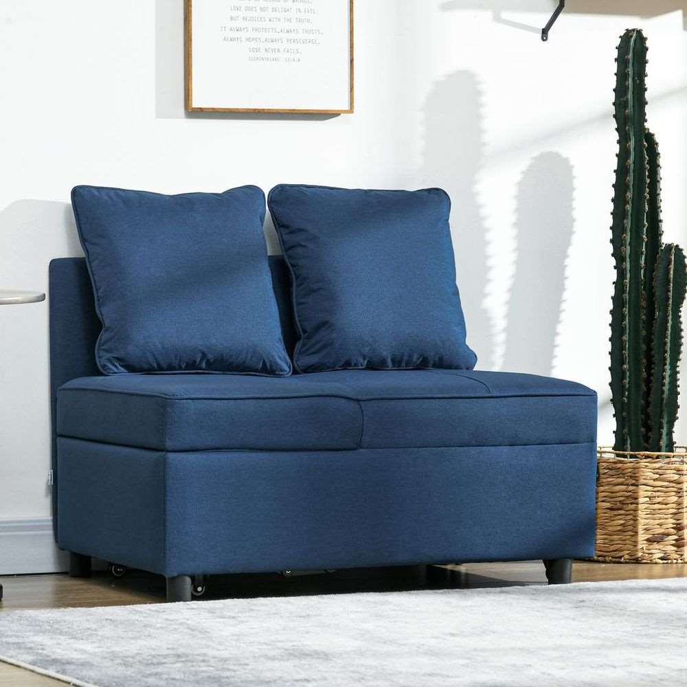 HOMCOM Folding Sleeper Sofa Bed Chair with Pillows, Pocket, Blue HOMCOM