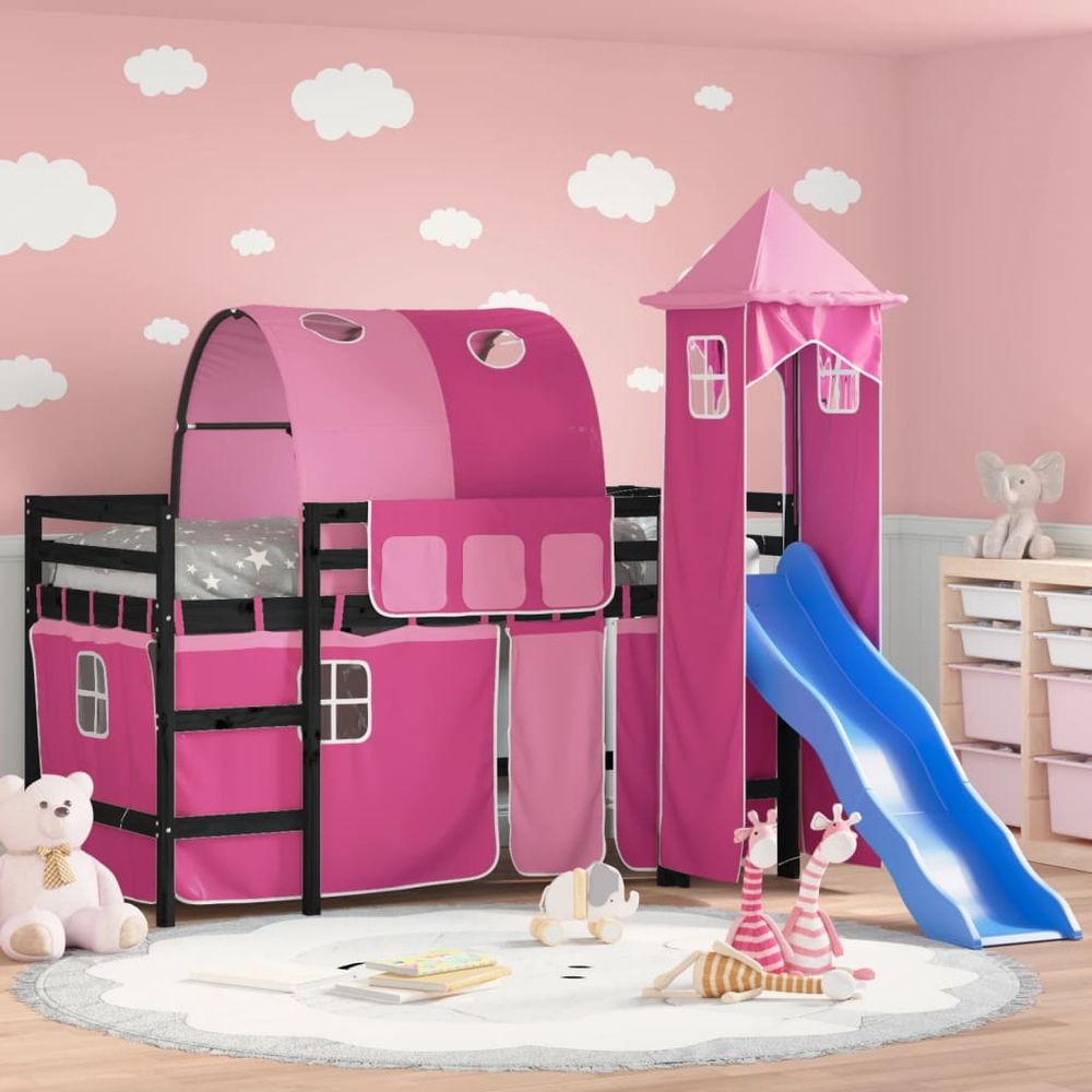 vidaXL Kids' Loft Bed with Tower White&Black 80x200cm Solid Wood Pine black and pink vidaXL